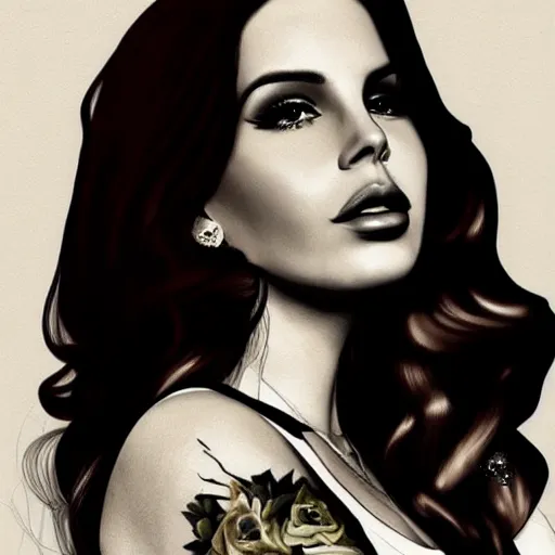 Image similar to Lana del rey tattoo design, photorealistic, dramatic