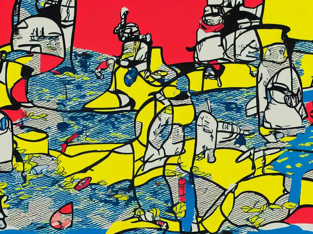 Image similar to close - up image of a japanese house with a pond, stormtroopers sitting around it, in style of pop - art, andy warhol, roy lichtenstein, jackie tsai, bright palette, acrylic on canvas