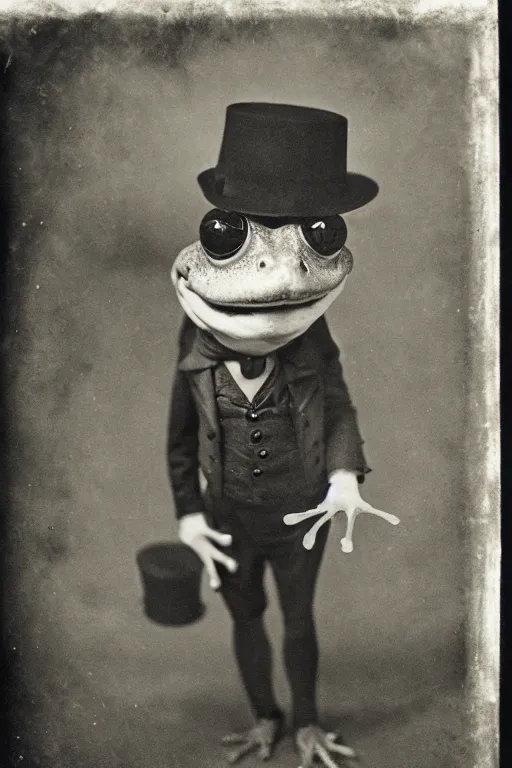 Image similar to a wet plate photo of an anthropomorphic sing and dancing vaudeville frog, porkpie hat