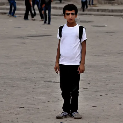 Prompt: an egyptian teenage boy wearing a plain white t-shirt standing in Tahrir square, cairo