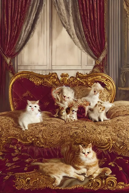 Image similar to a portrait of a royal cat and his family, on an embroidered velvet cushion on a neo - rococo gilded little bed, by yousuf karsh, photorealistic, photography, wide shot