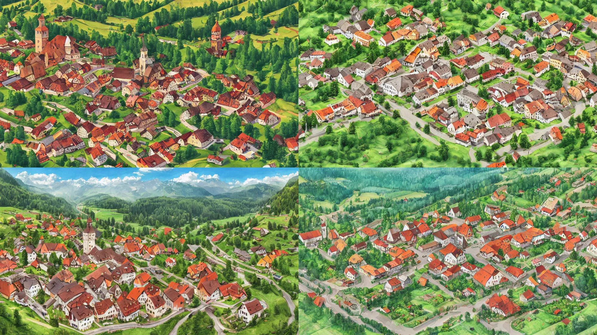 Prompt: High-Quality digital watercolor painting of a traditional Bavarian village in a valley, isometric aerial view, peaceful, very detailed, digital art.