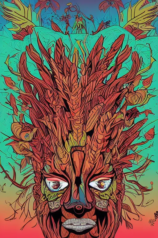 Image similar to animal mask totem roots flower tribal feather gemstone plant wood rock shaman vodoo video game vector cutout illustration vivid multicolor borderlands comics by josan gonzales and dan mumford radiating a glowing aura