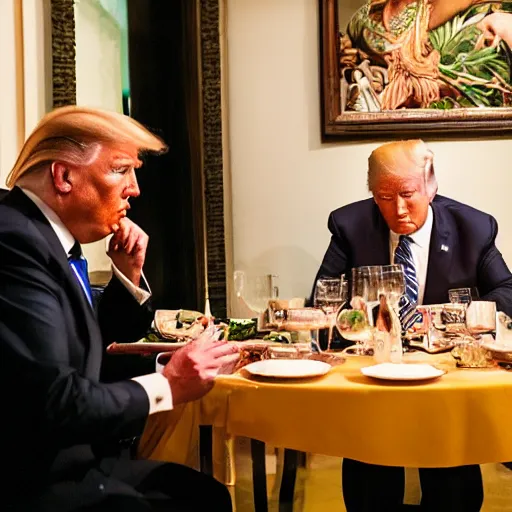 Image similar to Trump and Biden having dinner at a fancy Balinese restaurant, award winning photography, 85mm, perfect faces