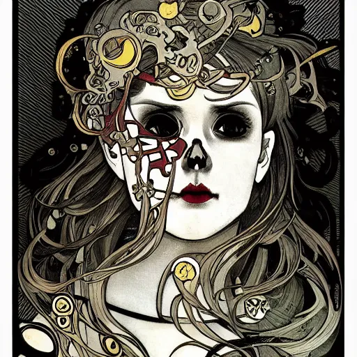 Image similar to anime manga skull portrait woman comic skeleton illustration style by Alphonse Mucha and Gustav Klimt pop art