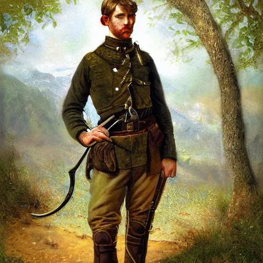 Image similar to portrait of a young ranger, fantasy, rugged, handsome, digital painting, by Charles Sillem Lidderdale