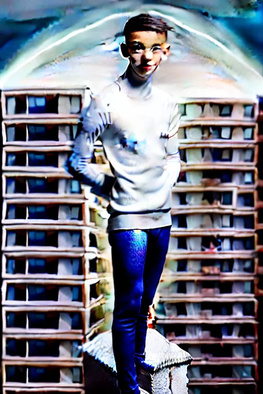 Image similar to un ultra high definition studio quality photographic art portrait of a young man standing on the rooftop of a british apartment building wearing soft padded silver pearlescent clothing. three point light. extremely detailed. golden ratio, ray tracing, volumetric light, shallow depth of field. set dressed.