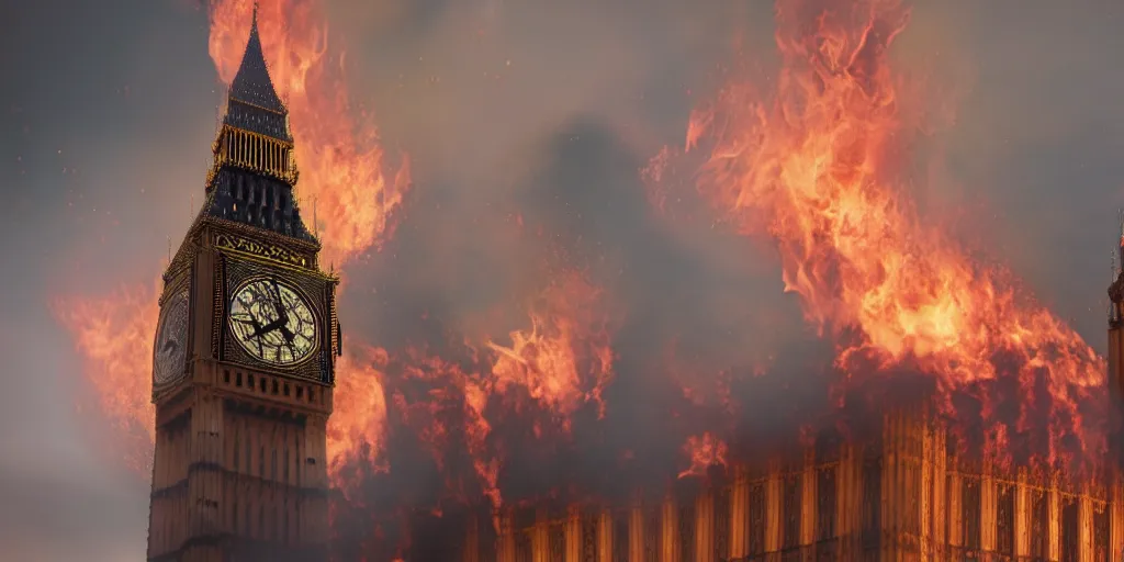 Prompt: the big ben being burned down, cinematic, rtx, beautiful, revolutionary, unreal, epic, blender render, professional