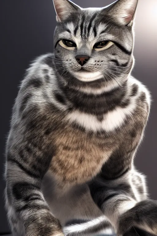 Prompt: a cat mixed with a bodybuilder, very detailed, ultrarealistic, dramatic lighting, electrical details, high details, 4k, 8k, best, accurate, trending on artstation, fur, groom, k9, photorealism, ultrarealistic, octane render, ray tracing, mental ray, catdog, unreal engine 5