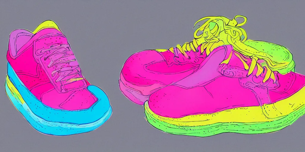 Prompt: sneaker, super colored vibrant filling, outlined, pink and yellow palette, round bubbly with wavy details