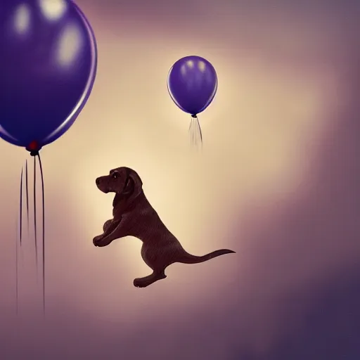 Image similar to puppy high in the air holding balloons, 8k, fantasy, intricate, cinematic lighting, highly detailed, digital painting, artstation, concept art, smooth, sharp focus, illustration, by Pixar