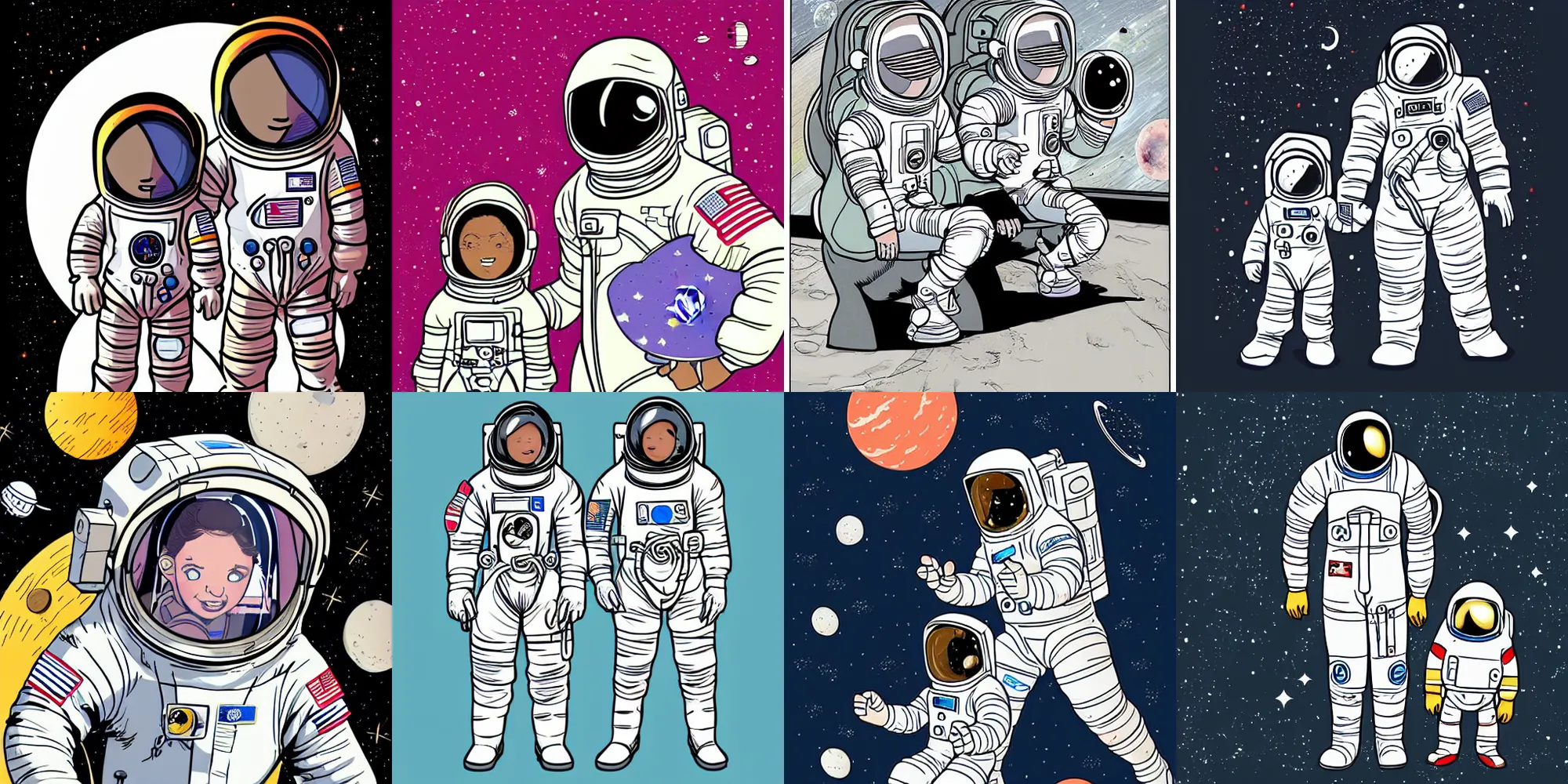 Prompt: an astronaut father and his daughter, fully space suited, cartoon, illustration, comic, vector art, kim jung gi