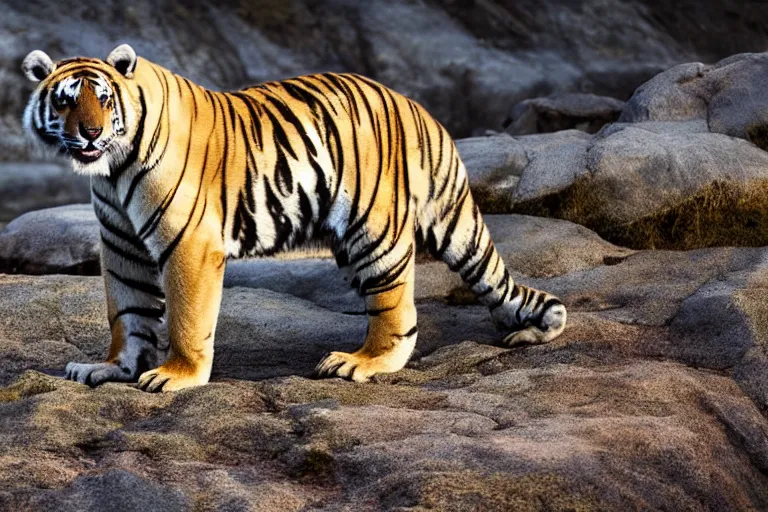 Image similar to a tiger polar bear!!! hybrid! hyper realistic!! realistic lighting!! wildlife photographer of the year!!! bold natural colors, national geographic, hd, wide angle, 8 k