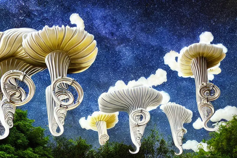 Prompt: a flock of intricate elegant tuba cloud sculptures, art nouveau garden environment, soothing, milky way, award winning art, epic dreamlike fantasy landscape, ultra realistic,