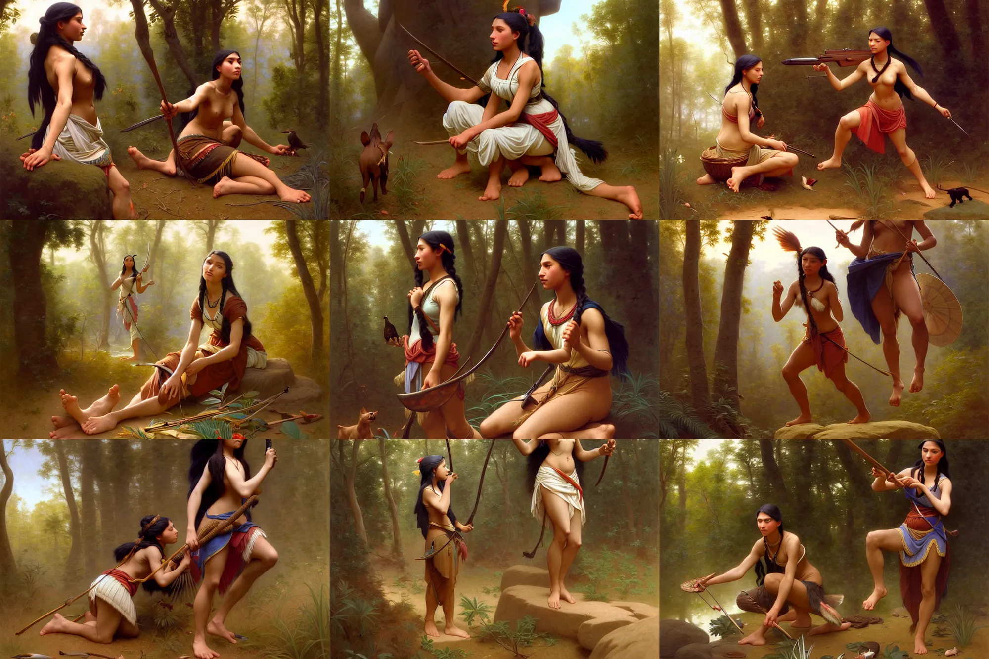 Prompt: depiction of barefoot pocahontas hunting, illustration by mandy jurgens and william adolphe bouguereau, artgerm, 4 k, digital art, surreal, highly detailed, artstation, digital painting, concept art, smooth, sharp focus, illustration by mandy jurgens and william adolphe bouguereau