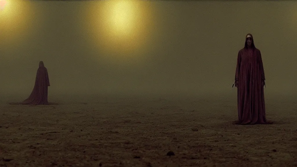 Image similar to stigmata forever, film still from the movie directed by Denis Villeneuve with art direction by Zdzisław Beksiński, wide lens