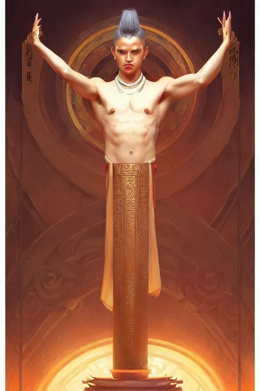 Prompt: male, temple, taoism, lotus, painting by greg rutkowski, j. c. leyendecker, artgerm