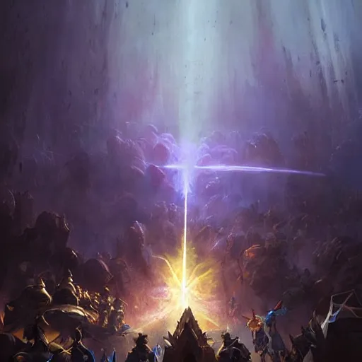 Prompt: a glowing holy light beam pillar strike from the sky, warriors on the ground, hearthstone art style, epic fantasy style art by Craig Mullins, fantasy epic digital art, epic fantasy card game art by Greg Rutkowski