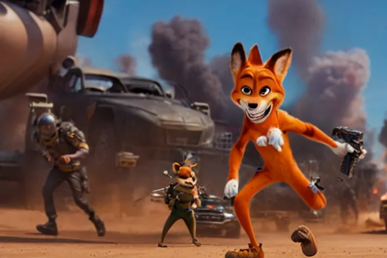 Image similar to nick wilde ( from zootopia ), heavily armed and armored facing down armageddon in a dark and gritty reboot from the makers of mad max : fury road