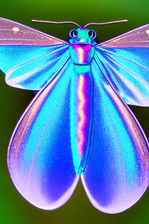 Image similar to high quality macro photo silky iridescent moth! jewelled gorgeous! highly detailed david ligare elson peter cinematic blue neon lighting high quality low angle hd 8k sharp shallow depth of field