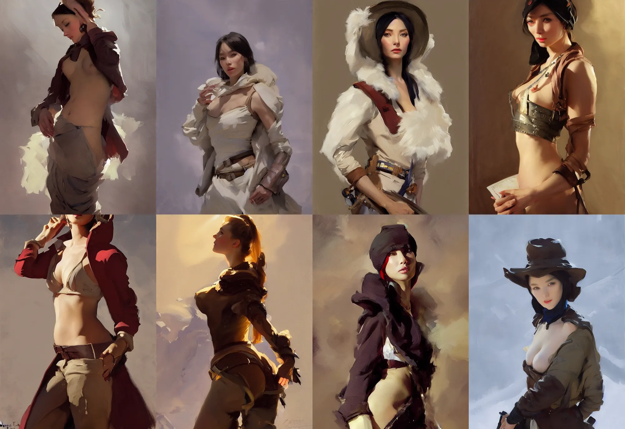 Image similar to portrait of russian asian model girl jodhpurs hyperborea winter traveler treasure hunter decollete greg manchess painting by sargent and leyendecker, fantasy, medium shot, asymmetrical, intricate, elegant, matte painting, illustration, hearthstone, by rhads, by greg rutkowski, by greg tocchini, by james gilleard, by joe fenton