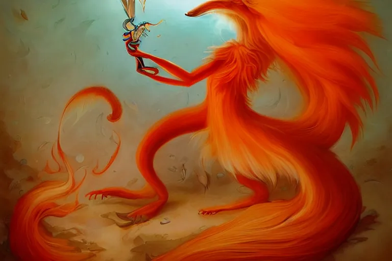 Image similar to prompt A beautiful red orange kumiho, fluffy nine fox tails, Peter Mohrbacher