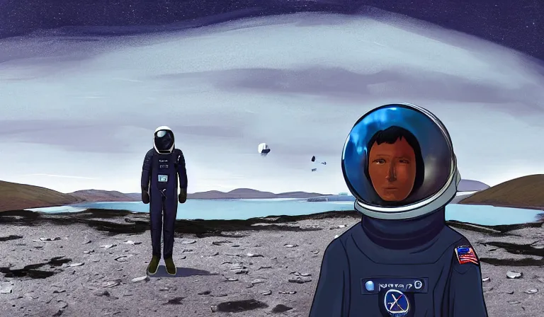 Prompt: Detailed digital painting of an astronaut tourist from the future standing in the Isle of Harris Scotland, a futuristic spaceship in the background, very wide angle lens