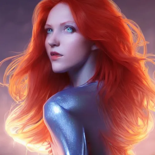 Image similar to redhead vampire sorceress, perfect face viewed in profile, bright glowing blue and silver eyes, gold shirt, cinematic, floating ash, stunning, highly detailed, artstation, smooth, hard focus, concept art, art by artgerm and greg rutkowski and alphonse mucha, volumetric lighting, octane render, 4 k resolution, trending on artstation, masterpiece