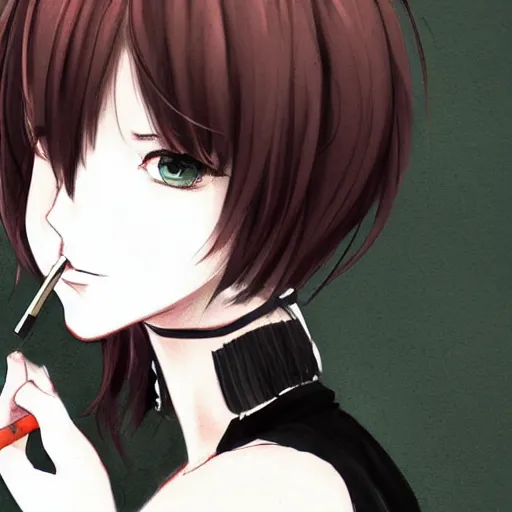 Image similar to portrait of a girl with short brown hair, wearing a white blouse and black choker, smoking a cigarette, drawn by WLOP, by Avetetsuya Studios, attractive character, colored sketch anime manga panel, unsaturated, dull colors, trending on Artstation