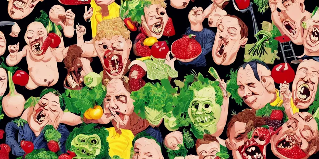 Prompt: a horror movie poster featuring huge fat people eating fruits and vegetables