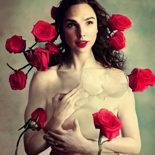 Image similar to full body fine art photo of the beauty gal gadot, she is merging from roses, taken by oleg oprisco