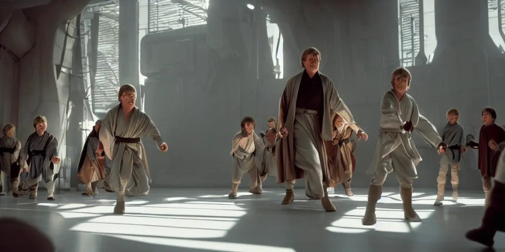 Image similar to A still of Mark Hamill as Jedi Master Luke Skywalker training a room full of young Jedi padawans, with large windows showing a sci-fi city outside, at dusk at golden hour