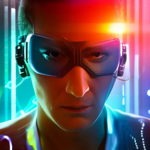 Prompt: cyberpunk man with a brain computer interface, hyperrealistic, colorful, 8k, award winning photo