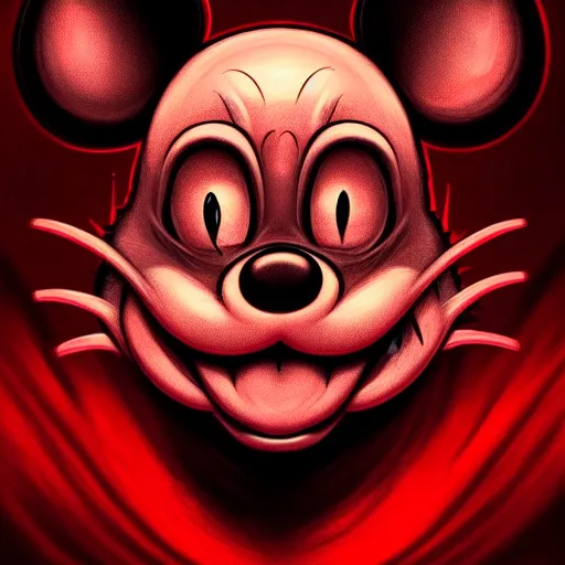 Image similar to Portrait of an evil looking Mickey Mouse, red flames in eyes, fantasy, D&D, horror, creepy, twisted, intricate, highly detailed, digital painting, trending on artstation, sharp focus, illustration, style of Stanley Artgerm
