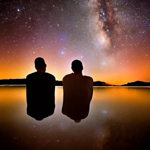 Image similar to two guys peeing in a lake while looking up at the night sky, milky way is clearly visible and reflected on the lake, the camera is behind them, 90s photo