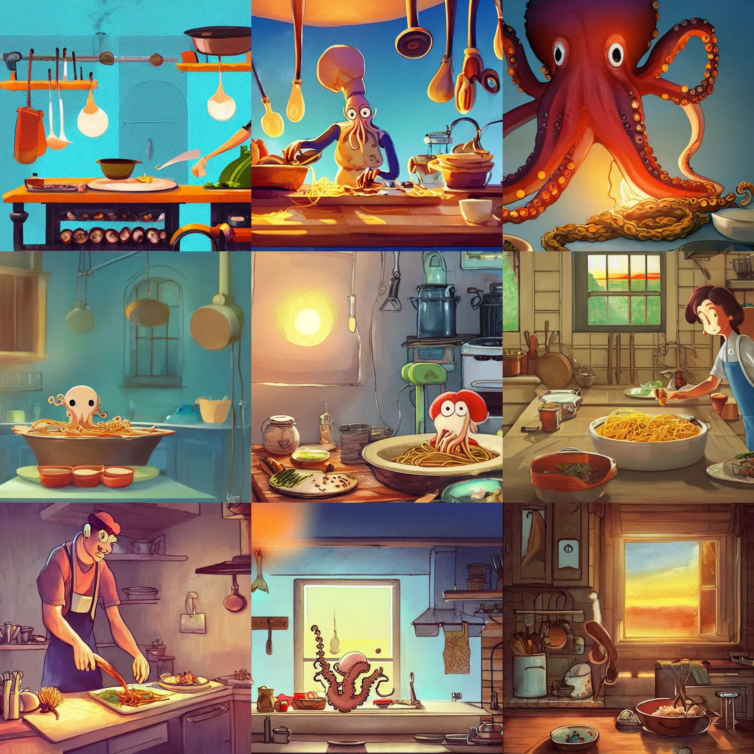Prompt: cottagecore illustration, french octopus chef cooking tasty spaghetti in kitchen, art by Loish Van Baarle, studio Ghibli, Pixar and Disney animation, bloom, lighting, dramatic, sunset