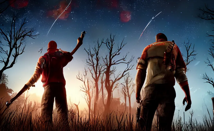Image similar to cinematic view from behind a dead by daylight killer looking up to the cosmos, stars are aligning, character portrait, digital art