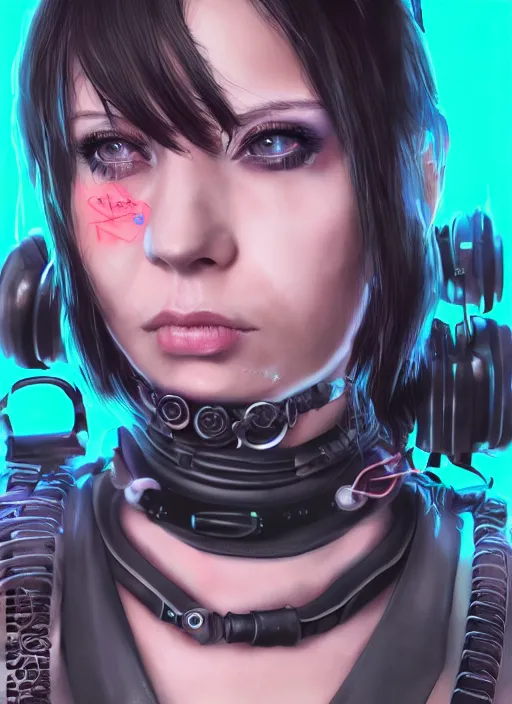 Image similar to detailed realistic female character cyberpunk wearing thick technological collar around neck, realistic, art, beautiful, 4K, collar, choker, collar around neck, punk, artstation, detailed, female, woman, choker, cyberpunk, neon, punk, collar, choker, collar around neck, thick collar, tight around neck, punk,