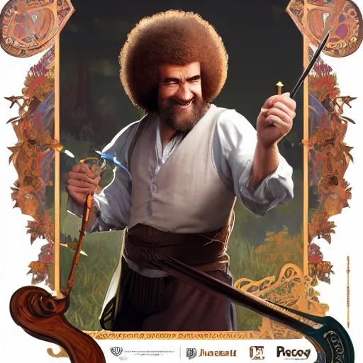 Prompt: an ultra detailed vector image of bob ross dressed as a fantasy bard, d & d, epic fantasy, concept art by alphonse mucha and greg rutkowski, octane render, 8 k, detailed face
