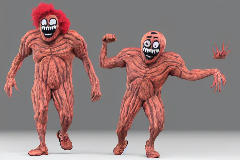 Image similar to a giant horrific clown in the distance, made of flesh and muscles, 3 d render, blender,