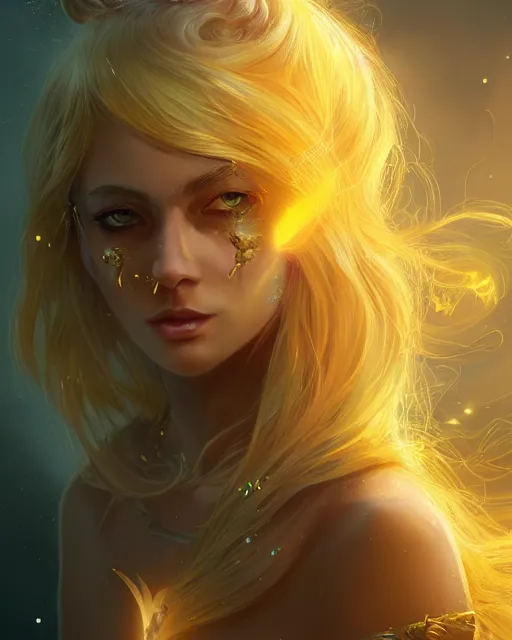 Image similar to a beautiful sun sorceress, flowy yellow golden hair, golden eyes, sun, summer, cinematic lighting, highly detailed, digital painting, trending on artstation, pixiv, concept art, sharp focus, illustration, art by ross tran and wlop, dark art