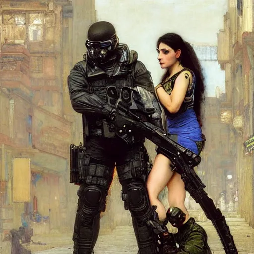 Image similar to Maria evades sgt rhodes. Cyberpunk hacker escaping Menacing Cyberpunk police trooper wearing a combat vest. (dystopian, police state, Cyberpunk 2077, bladerunner 2049). Iranian orientalist portrait by john william waterhouse and Edwin Longsden Long and Theodore Ralli and Nasreddine Dinet, oil on canvas. Cinematic, vivid colors, hyper realism, realistic proportions, dramatic lighting, high detail 4k