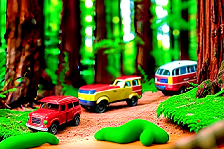 Image similar to fisher price redwood forest, california scene from tv show hyper detailed 5 5 mm 8 5 mm, toy photography, made out of plastic