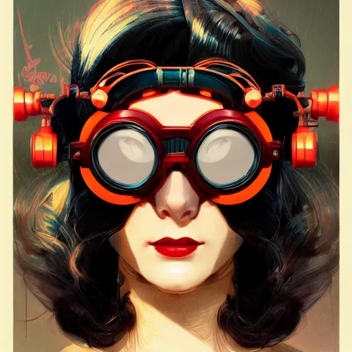 Image similar to a head and shoulders portrait of a dark haired woman, neon, retro, steampunk, goggles, smooth, sharp focus, intricate, artstation, detailed concept art by Rutkowski and Mucha and sky sewa and Marc Simonetti