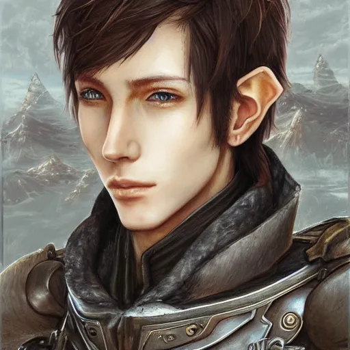 Image similar to portrait of an elf by ayami kojima, he is about 2 0 years old, russian, manly, short brown hair, slender and tall, friendly and smart, he is wearing a modern tactical gear, scifi, highly detailed portrait, digital painting, artstation, concept art, smooth, sharp foccus ilustration, artstation hq