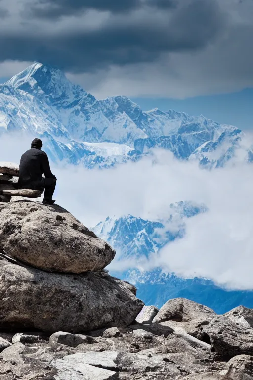 Prompt: A lonely man sits beside a rock on the top of a mountain, looking at the snowy Himalayas in the distance, faith,4k, realistic,photography,landscape,high contrast,trending on artstation.