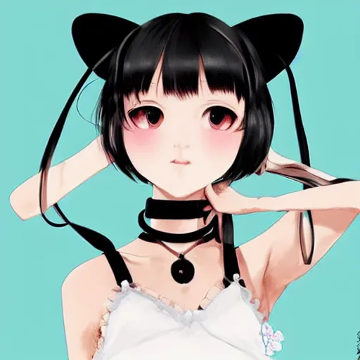 Image similar to realistic beautiful gorgeous natural cute Blackpink Lalisa Manoban black hair fur black cat ears, wearing white camisole summer outfit, headphones, black leather choker artwork drawn full HD 4K highest quality in artstyle by professional artists WLOP, Aztodio, Taejune Kim, Guweiz on Pixiv Instagram Artstation