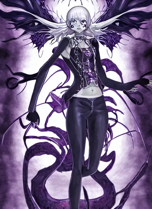 Prompt: shin megami tensei art of a demon called margaret!!!!!!! thatcher!!!!!!!, art by kazuma kaneko, demonic! compedium!, digital drawing, law demon, white background, high quality, highly detailed