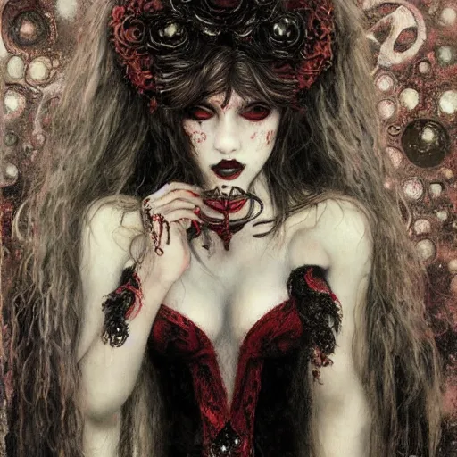 Image similar to stunning feminine vampire with fangs, intricate detail, klimt, royo, whealan,