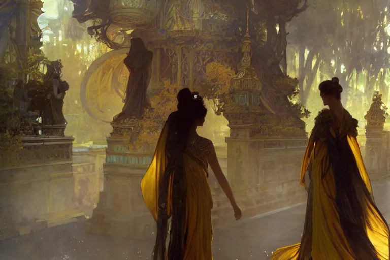 Image similar to a girl emperor being escorted by shadow guards wears long golden flowing robes, an ostentatious palace and garden are seen in the background. by jeremy mann and alphonse mucha, fantasy art, photo realistic, dynamic lighting, artstation, poster, volumetric lighting, highly detailed faces, 4 k, award winning